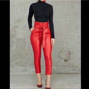 Red Faux Leather High Waist Belted Pant